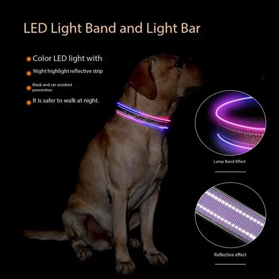Reflective LED Dog Collar, Rechargeable Flash Dog Necklace Light, Adjustable Comfortable Soft Mesh Safety LED Dog Collar