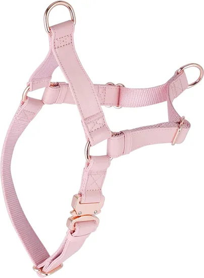 Soft Leather Nylon No Pull Dog Harness with Rose Gold Metal Buckle 