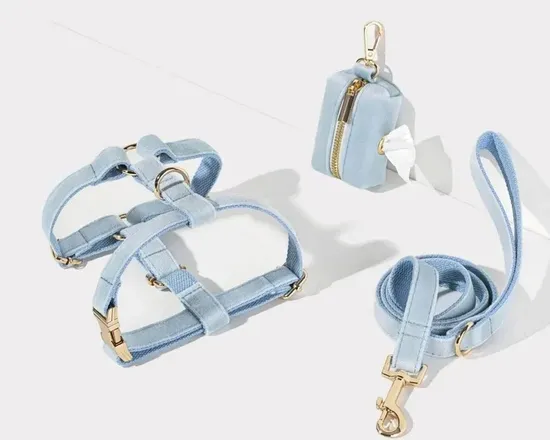 Luxury Velvet Dog Harness Collar Leash Poop Bag Dispenser Wholesale Step